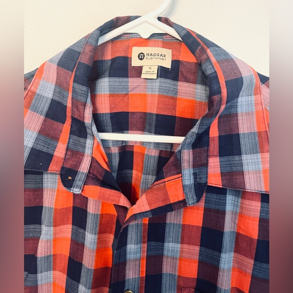 Haggar Men’s Short Sleeve Button-Down Plaid Shirt in Tomato, Azure, and Navy - Picture 4 of 5